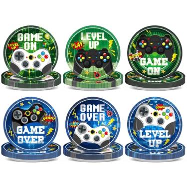Imagem de 60 peças de pratos de festa de aniversário de videogame, azul e verde, pratos de sobremesa descartáveis para videogame, decorações de aniversário, conjunto de utensílios de mesa para meninos e