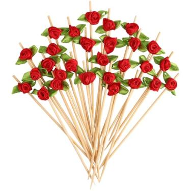 Imagem de 200 palitos de rosa para coquetéis palitos longos de flores para aperitivos, espetos de bambu para alimentos, frutas e bebidas (vermelho)