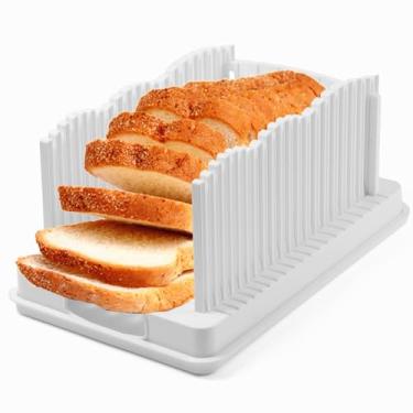 Imagem de Fatiador de pão para pão caseiro, guia de cortador de pão, largura ajustável, 3 tamanhos de fatia, fatiador de pão dobrável com bandeja de migalhas para pão caseiro, pães artesanais, bolos, bagels