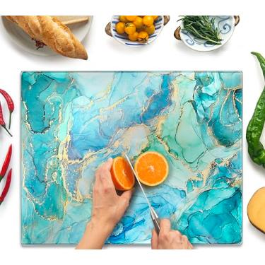 Imagem de Kitchenville Tábua de corte de vidro 51 x 40 cm: protetor de balcão de cozinha de vidro temperado - durável - resistente a arranhões, à prova de calor - Design 9 - Oceano azul-petróleo