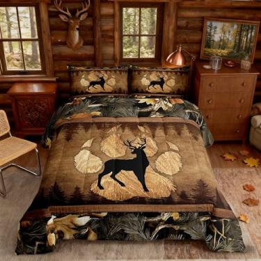 Imagem de Homewish Conjunto de edredom de veado, estampa de pata de animal selvagem, retrô, xadrez, para crianças, adolescentes e adultos, com folhas botânicas da selva, chalé, edredom acolchoado com 2 fronhas