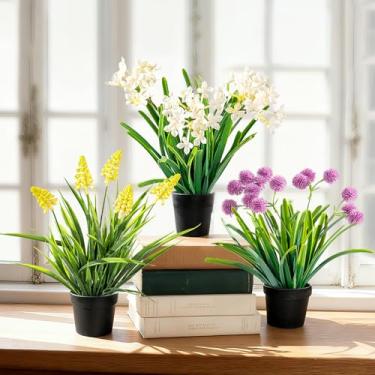 Imagem de Yarmare Pacote com 3 flores artificiais em vasos de plantas pequenas falsas para decoração de casa, planta de flores falsas, mini plantas artificiais para quarto, sala de estar, escritório, prateleira