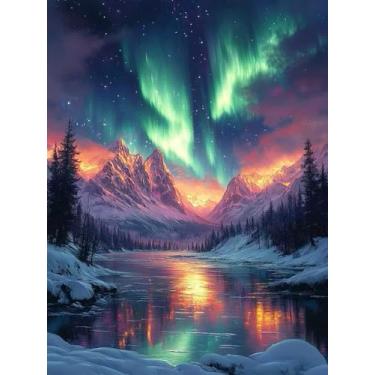 Imagem de croshom Kits de arte Aurora Diamond para adultos, kits de pintura de diamante montanha nevada da aurora boreal para adultos iniciantes, 5D faça-você-mesmo Brocas completas para presentes, decoração de