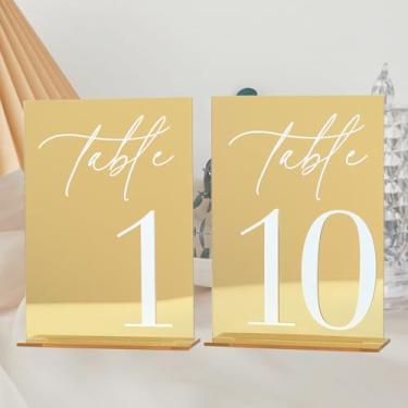 Imagem de Números de mesa de casamento de acrílico 1-10 com suportes, placas de acrílico espelhadas douradas de 12,7 x 17,8 cm com números brancos 3D, números de mesa 3D pretos e dourados para recepção de