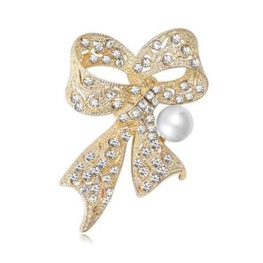 Imagem de RLHRNDE Broche de laço de strass para mulheres vintage brilhante grande laço pérola lapela broche elegante cristal laço corpete para vestido, terno, camisa, acessórios de roupas, casamento