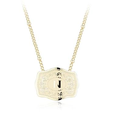 Imagem de Colar com pingente de letra inicial banhado a ouro 14K com fivela de cinto em relevo, compre 1 e ganhe 2 correntes, colar personalizado para mulheres, 18 inches +2 inches extender, Liga de aço, Sem