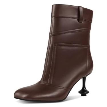 Imagem de GPXGPX Botas femininas até o tornozelo bico quadrado pétala sexy em forma de salto alto outono vestido de trabalho botas curtas cano curto, Marrom, 39