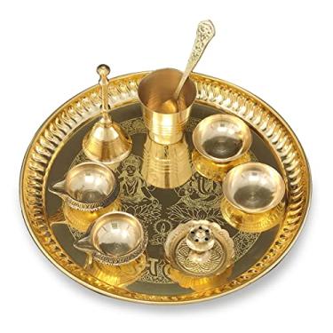 Imagem de BENGALEN Conjunto de latão Pooja thali de 20 cm com placa de pital, Kuber Diya, Ghanti, vidro, colher, tigela, design Dhup Dan Daily Puja Thali para Diwali Home Mandir Office Wedding Return Gift Items