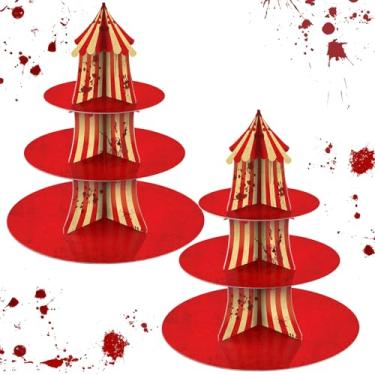 Imagem de 2 peças, 3 camadas, decoração de carnaval, dia das bruxas, circo assustador, cupcake, suporte de torre de sobremesa, suporte de bolo listrado de carnaval para filmes de terror jantares e festas