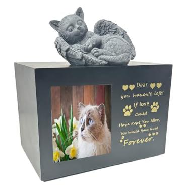 Imagem de Sengocis Urna memorial de gato com estátua de anjo e suporte de foto - Urna de cinzas de animais de estimação para gatos - Urnas de madeira de pinheiro premium com bolsa de veludo e painel de acrílico