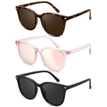 Imagem de YMRFW Óculos de sol retrô polarizados com armação grande para mulheres e homens, estilo vintage, óculos de sol com lentes de proteção UV400, Pacote com 3 (preto/cinza + rosa/rosa espelhado + tartaruga