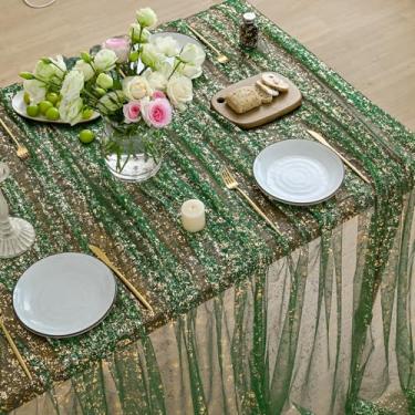 Imagem de Horaldaily Toalha de mesa de gaze verde dourada quadrada 152 x 152 cm, folha metálica com glitter de lantejoulas verdes, gaze de tule transparente para casamento, chá de bebê, cerimônia de aniversário