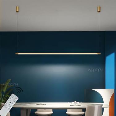 Imagem de Luminária pendente linear dourada e branca para sala de jantar, luminária pendente moderna de LED para mesa de jantar, lustre com altura ajustável para quarto, escritório ou bar, luminária s