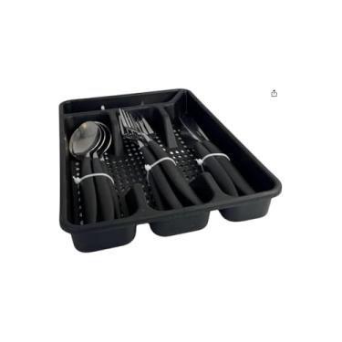 Imagem de Conjunto de Talheres 17 Peças, Faqueiro em Aço Inoxidável e Plástico, Preto, com Porta-Talheres, 4 Colheres, 4 Garfos, 4 Facas, 4 Colheres de Sobremesa