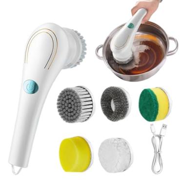 Imagem de Escova elétrica para churrasqueira – Escova de limpeza de churrasco recarregável sem fio | Esfregão removível à prova d'água com 5 cabeças de substituição para banheira, azulejo, chão, restaurante