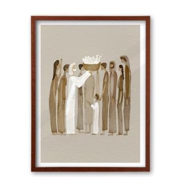 Imagem de iHery Arte de parede emoldurada de madeira de carvalho natural Jesus Feeds Walnut, grande 40,6 x 50,8 cm, 5 pães e 2 peixes, arte em tela bíblica cristã de esboço moderno, decoração de quarto