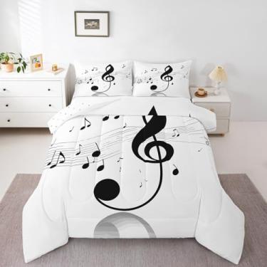 Imagem de Edredom Erosebridal com notas musicais para meninas, Edredom Infantil com estampa de estados musicais Tamanho Queen, Tema Musical, Conjunto de Roupa de Cama Hip Hop para Meninos e Adolescentes e Femininos, Edredom Acolchoado Simples Moderno, Preto e Branco