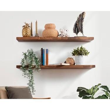 Imagem de Kit 2 Prateleiras de Madeira Maciça com Suporte Invisível – Decorativas para Parede, Cozinha, Sala e Quarto(Envelhecida,1 Metro)