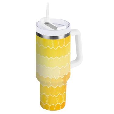 Imagem de Blueangle Copo isolado de 850 g com alça e tampa de canudo - Caneca de viagem de aço inoxidável à prova de vazamento, garrafa de água de azulejo hexagonal amarelo a vácuo de parede dupla (120)