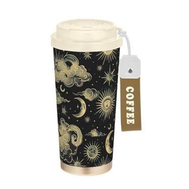 Imagem de SEHANY Caneca de viagem Sol e Lua 482 g Copos de café reutilizáveis revestidos de cerâmica com tampa à prova de vazamento, parede dupla, isolamento a vácuo, copo de café de aço inoxidável para bebidas