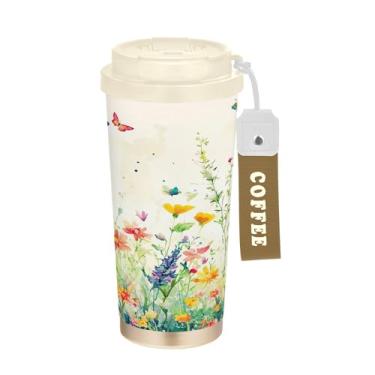 Imagem de SEHANY Caneca de viagem borboleta e flores de 482 ml Copos de café reutilizáveis revestidos de cerâmica com tampa à prova de vazamento, parede dupla, isolamento a vácuo, copo de café de aço inoxidável