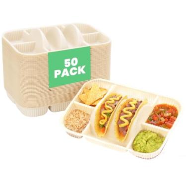 Imagem de Pratos de taco descartáveis com 4 compartimentos para 2 tacos e 4 lados | Borda elevada extraprofunda | Amido de milho biodegradável | Seguro para micro-ondas | Perfeito para terças, festas, festas