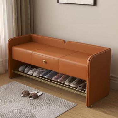 Imagem de Yadlan Banco de sapateira de entrada, banco acolchoado de couro, banco de sapato de base de aço inoxidável com armazenamento para corredor e quarto laranja 100 cm