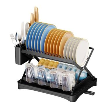 Imagem de HGTRH Escorredor de pratos de cozinha de 2 camadas, escorredor de pratos dobrável com ferro, suporte de utensílios de drenagem e suporte de copo para balcão de cozinha, preto