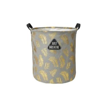Imagem de Cesto Organizador Dobrável, Decorativo com Folhas Douradas, 55L, para Roupa Suja, Tecido com Alças (Cinza)