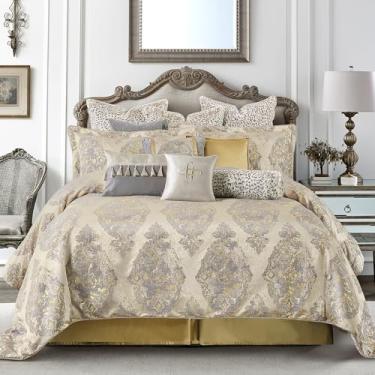 Imagem de Loom and Mill Conjunto de edredom elegante King Size, 9 peças, conjunto de cama de jacquard damasco luxuoso, todas as estações, edredom com saia para cama, fronhas europeias e travesseiros decorativos