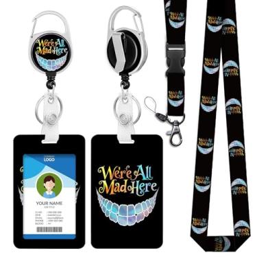Imagem de IBOVODI Cordões engraçados para crachá de identificação para mulheres, Alice no País das Maravilhas Cheshire Cordão de professor com suporte de identidade, mosquetão retrátil para chaveiro, carretel