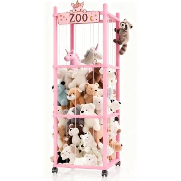 Imagem de Armazenamento de animais de pelúcia, organizador grande de madeira de 56 polegadas com rodas, armazenamento de pelúcia com elástico e fundo de malha, organizadores de armazenamento de brinquedos para