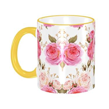 Imagem de Ourdovi Caneca de café expresso de cerâmica rosa rosa floral rosa, caneca de cerâmica revestida faça você mesmo, para café, sopa, chá, leite, latte, cacau quente, colorido divertido 340 g.