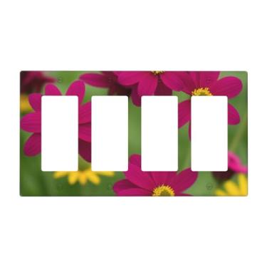 Imagem de Placa de parede com estampa de flores amarelas vermelhas, capa decorativa, tamanho padrão, painel de interruptor quádruplo para placas de luz, capas de interruptor para decoração de quarto e casa