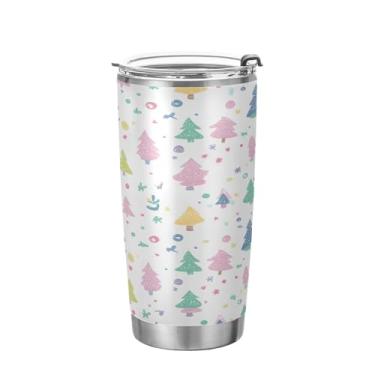 Imagem de YETTASBIN Copo de árvore de Natal com tampa de palha, copo de aço inoxidável de 590 ml, parede dupla, isolada a vácuo, caneca de café de viagem para bebidas quentes e frias