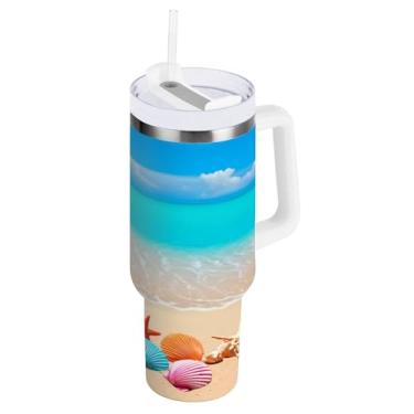 Imagem de Kigai Copo térmico de 1,134 g com alça, estrela do mar e conchas de praia com tampa e canudo, garrafa de água esportiva de metal grande, caneca de café de viagem de aço inoxidável