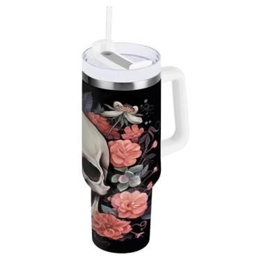 Imagem de STAYTOP Copo de caveira de 1,134 g com tampa e canudo, copo isolado de aço inoxidável durável à prova de vazamento com alça, garrafas de água à prova de derramamento para viagens