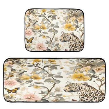 Imagem de Qilmy Tapetes de cozinha de leopardo e flores amarelas 2 peças, tapete de entrada frontal, antiderrapante, alivia a fadiga, lavável, tapete para cozinha, quarto, varanda546