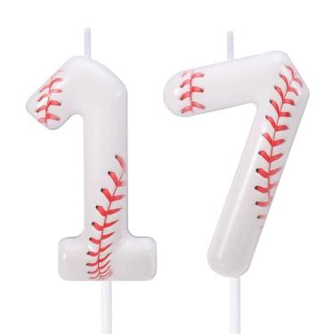 Imagem de Vela de Aniversário Beisebol, Topo de Bolo Beisebol Vermelho e Branco Decoração Bolo com Tema Esportivo para Festas Aniversários e Comemorações (Número 17)