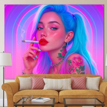 Imagem de BlissYard Tapeçaria Neon Girl Tattoo Luz Negra UV Reativo Psicodélico Retrô Vibrador Pendurado na Parede para Sala de Estar Quarto Dormitório Bar Decoração de Festa 78x159 Polegadas