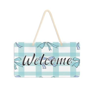 Imagem de Burbuja Laços na placa de boas-vindas quadriculada para porta da frente, placa de boas-vindas de PVC para pendurar na parede varanda decoração de férias de fazenda, 15 x 28 cm