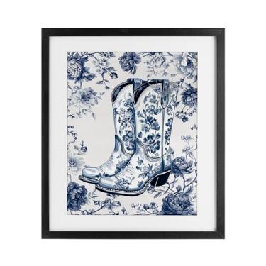 Imagem de Stupell Industries Blue Spring Florals & Boots Impressão emoldurada preta sob vidro, design por Lettered and Lined, 16 x 13