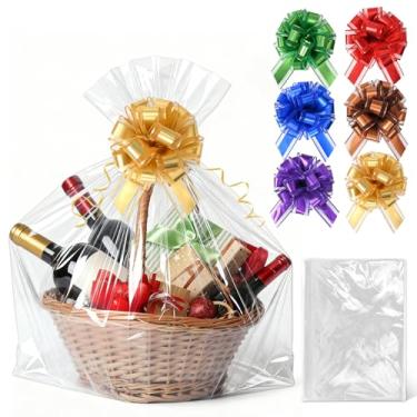 Imagem de Philbinden 6 peças de sacos de presente extra grandes de celofane de 76 x 101 cm, inclui 6 peças de laços de presente – sacos de presente transparentes para presente de chá de bebê, aniversário, festa