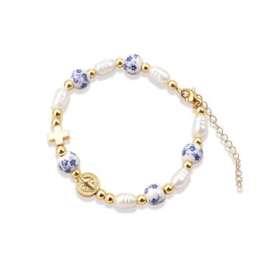 Imagem de Pulseiras de cruz de ouro para mulheres, pingente de pérola com contas de ouro, medalha de Virgem Maria, joias delicadas inspiradoras cristãs, presentes para Natal, aniversário, meia de sofrimento