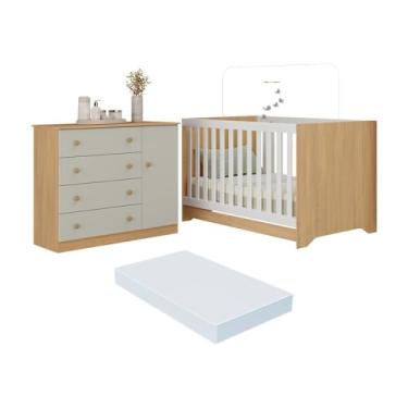 Imagem de Berço Americano 3 em 1 com Colchão Incluso e Cômoda 1 Porta 4 Gavetas Encanto Multimóveis Mp4695 Madeirado/off White