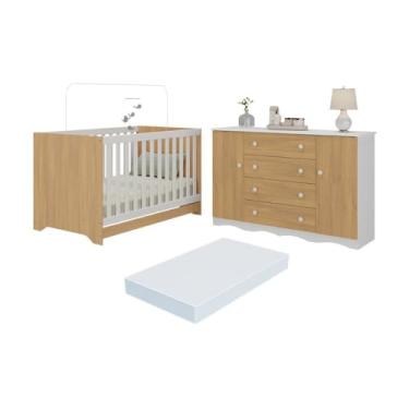 Imagem de Berço Americano 3 em 1 com Colchão Incluso e Cômoda 2 Portas 4 Gavetas Realeza Multimóveis Mp4705 Branco/madeirado