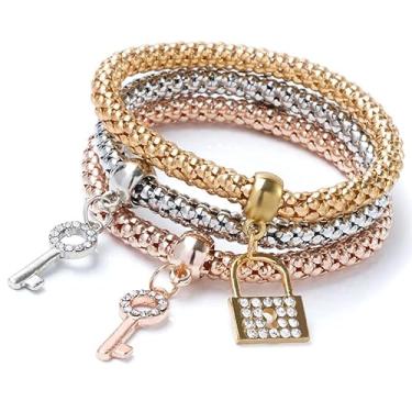 Imagem de Pulseiras multicamadas com pingentes de cristal - 3 peças de ouro/prata/ouro rosa pulseira de corrente de milho para mulheres, árvore da vida, pulseira elástica em forma de coração, One Size, Liga