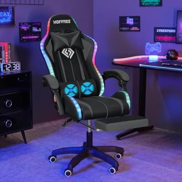 Imagem de Cadeira de jogos, massagem com luzes LED RGB e apoio para os pés, cadeira ergonômica para computador, cadeira de videogame com encosto alto, suporte lombar ajustável, apoio de braço cinza e preto