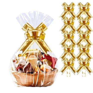 Imagem de PigPotParty Pacote com 10 sacos de celofane com 10 laços, embalagem de celofane de 40,6 cm x 61 cm para cestas de presente, sacos de presente de plástico transparente resistente a rasgos para chá de