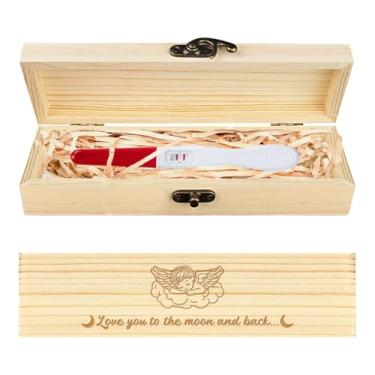 Imagem de 1 peça de presente retangular de anúncio de gravidez com cadeado, padrão de asas e palavras, caixa de lembrança de teste de gravidez com fita de ráfia, presente surpresa para pais maridos, 20 x 5 x 3